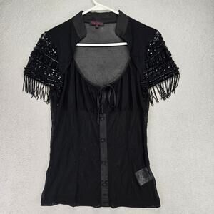 Black Sheer Blouse Womens M Beades Tie Front Button Short Sleeve V-Neck*